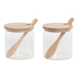 DKD Home Decor Azucarero Básico de Cristal y Bambú Natural 280ml, Set de 2, 10.5 x 10 x 21.5 cm