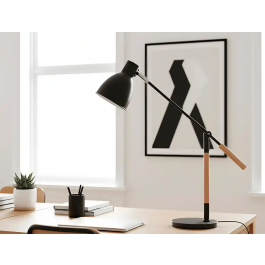 Q-connect Lampara Escritorio Deneb Metalica con Detalles Madera, Interruptor, 2 Articulaciones, Color Negro
