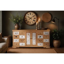 Giner y Colomer Aparador Rustico Madera Maciza Mindi 12 Cajones 2 Puertas Blanco Envejecido