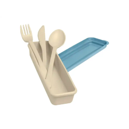 Exacompta Fiambrera Beige con Tapa Azul, 3 Cubiertos Reutilizables, 205x65x40 mm