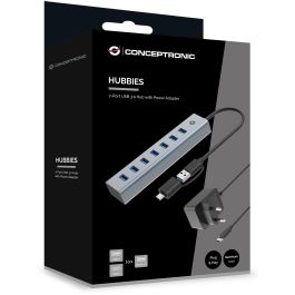 Conceptronic HUBBIES21GP Hub USB 3.0 Gris con 7 Puertos USB-A y Conexiones USB-A y USB-C