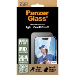 PanzerGlass Protector Pantalla iPhone 16/15 UWF con Marco de Aluminio para Apple 6.1"