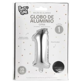 Party Time Globo Cifra 1 Plata 35 cm para aniversarios y cumpleaños, hinchable con aire o helio, reutilizable