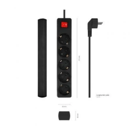 Aisens Base Múltiple 5 Tomas con Interruptor y Cable 3x1,5 mm2, Negro, 1,4M
