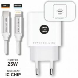 Cargador de Pared Tech One Tech TEC2265/ 1xUSB Tipo-C + Cable Lightning/ 3A/ Blanco