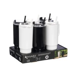 Kinvara Vaso con Pajita y Asa 1200ml Plástico Blanco y Negro 14x30x10cm (Set de 12)