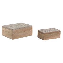 DKD Home Decor Joyero Indio Floral de Madera de Mango Blanco Natural 13 x 7 x 18 cm, Set de 2 Piezas