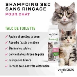 Vetocanis Champú Seco sin Enjuague para Gatos, Polvo de Talco, Absorbe Grasa y Suciedad, Deja Pelaje Limpio