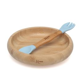 Set Vajilla Silicona Y Bambú Azul Con Cuchara-Tenedor Set Vajilla Silicona Y Bambú Azul Con Cuchara-Tenedor