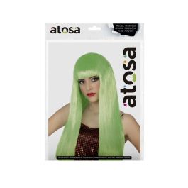 Peluca Larga Lisa Verde Fantasía con Flequillo - 60 cm, 120 gr - Ideal Disfraces Halloween Hadas Duendes