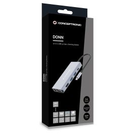 Conceptronic DONN20G Adaptador USB-C a HDMI/USB-A/VGA/AUX con Ethernet y Lector Tarjetas SD, 100W PD, Gris, 25cm