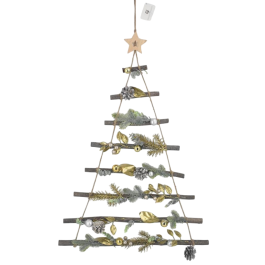 DKD Home Decor Colgante Decorativo Navidad Moderno 30 LEDs Madera Dorado Verde Natural 6x80x58 cm (2 Unidades) 2 Pilas AA