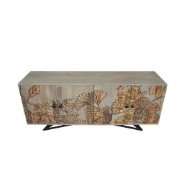 DKD Home Decor Buffet Tropical de Madera de Mango y Metal Gris Natural con 4 Puertas y 2 Estanterías, Detalles de Flores 177x45x74 cm