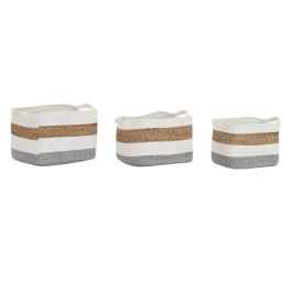 DKD Home Decor Set de 3 Cestas Básicas Hechas a Mano para Organización y Almacenamiento de Fibra y Algodón Blanco Natural L27xW36xH27 cm