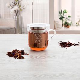 Quid Taza de Vidrio Serenia con Filtro Acero Inoxidable y Tapa 35 cL Transparente Apta Lavavajillas y Congelador