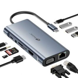 Leotec LEDS01 Docking Station USB-C 11 en 1 con HDMI 4K, VGA, USB 3.0, USB-C PD 100W, Gigabit Ethernet, Lector SD/MicroSD y Audio - Gris