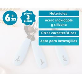 Kiokids Cubiertos Infantiles Acero Inoxidable Silicona Azul para Bebés +6 Meses, Mangos Antideslizantes, Apto Lavavajillas