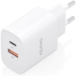 Aisens A110-0952 Cargador de pared GaN 30W con 1xUSB Tipo-C PD3.0 QC4.0 y 1xUSB-A QC3.0, para portátiles/móviles, Blanco