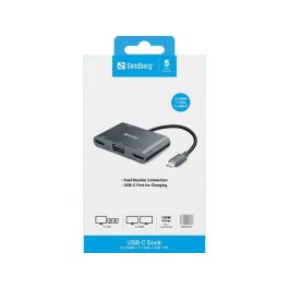 Sandberg 2xHDMI+1xVGA+USB+PD USB-C Dock Multi-Monitor con Puerto de Carga para Portátil