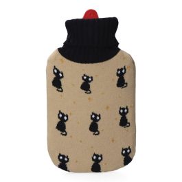 Edm Bolsa de Agua Caliente 2 L Gatos Negros con Funda de Lana – Color Beige/Negro, 20x1.5x34.5 cm