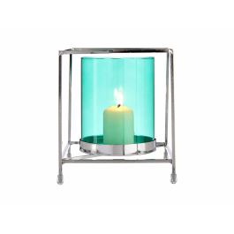 Giftdecor Base Vela Cristal Cuadrada Azul Metal Plata 14 x 14 x 15.5 cm