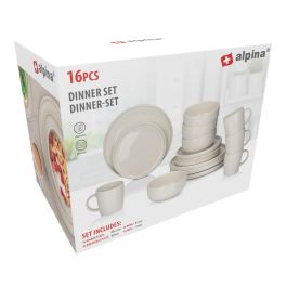 Alpina Vajilla Completa de Cerámica Crema 16 Piezas (4 Platos Llanos, 4 Postre, 4 Bols, 4 Tazas) - Apto Lavavajillas y Microondas