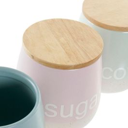 DKD Home Decor Bote Scandi Colección Pasteles Lianfeng, Gres y Rubberwood, 3 Unidades Surtidas Rosa Verde Azul 10x16x10 cm, Apto Lavavajillas