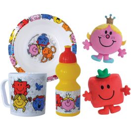 Fun House FUN3524550064857 Vajilla Monsieur Madame: Plato Hondo Ø16 cm, Botella 350 ml, Taza 350 ml y 2 Peluches 12 cm