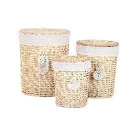 DKD Home Decor Cesta Ropa Boho de Mimbre y Poliéster Natural 45 x 55 x 45 cm Set de 3 unidades