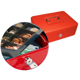 Q-connect Caja caudales 250x180x90 mm roja con portamonedas y clasificador de monedas