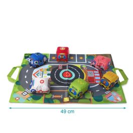KioKids Circuito de Coches Manta de Actividades Textil con 6 Vehículos Blanditos Convertible en Bolsa Portátil Multicolor +12 meses
