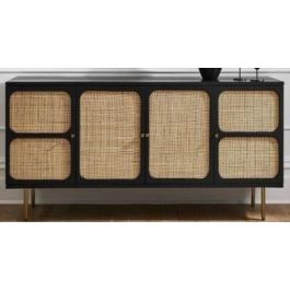 DKD Home Decor Buffet Moderno Madera Mango y Ratán Negro y Natural con 4 Puertas 150x40x65 cm