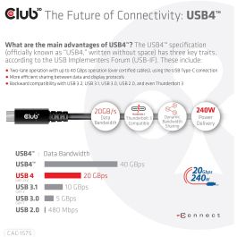 Club 3D CAC-1575 Cable USB 4 Tipo C a USB C, 240W PD, 20Gbps, 4K, 2m Macho a Macho Negro