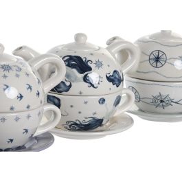 DKD Home Decor Tetera Atlantico Colección Stella Maris de Dolomite Azul y Blanco 750 ml Apta Microondas Lavavajillas (3 Unidades)