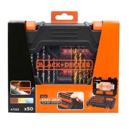 Black + Decker A7232 Set 50 Accesorios de Taladrado y Atornillado con Brocas de Madera, Hormigón, HSS-Tin y Puntas de Destornillador