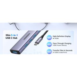 Ugreen Revodok 5-en-1 USB-C Hub con HDMI 4K y 3 Puertos USB-A 3.0 para Conectividad Extensa