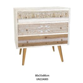 DKD Home Decor Cómoda Boho Blanco Natural de Abeto y Algodón con 3 Cajones 80x35x80 cm