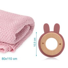 KioKids Set Manta de Bambú y Mordedor de Madera Haya y Silicona Rosa +0 Meses