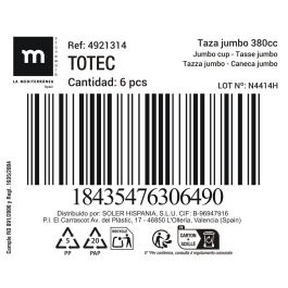 Inde Taza Jumbo Totec 380 cc Ø11.3x7.5 cm (18 Unidades)