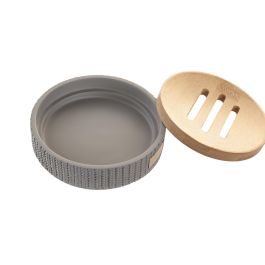 DKD Home Decor Jabonera Gris Cemento y Bambú 11x11x2.5 cm