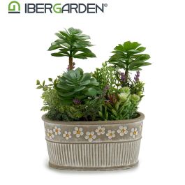 Ibergarden Maceta de Piedra Ovalada para Plantas, Plastico y Cemento, 25x29x15 cm, Verde y Gris (6 Unidades)