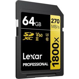 Lexar LSD1800064G-BNNNG Tarjeta SDXC Profesional 1800x 64GB UHS-II V60 U3 C10 270MB/s Lectura 180MB/s Escritura Negra