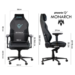 Phoenix Silla Gaming Monarch Tela Talla R, Silla Ergonómica con Soporte Lumbar y Reposacabezas Magnético, Ideal para Gaming y Oficina
