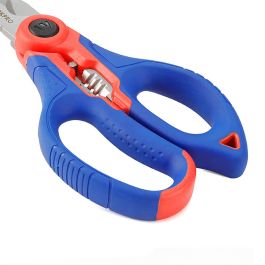 Workpro Tijera de electricista con hojas de acero inoxidable, 5 ranuras para pelar y crimpar cables, mango ABS/TPE, azul y rojo