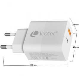 Leotec LECSPH20W2W2 Cargador Pared 20W USB-C PD + USB-A, Carga Rápida, Compacto, Internacional