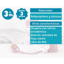 KioKids Set Biberón 250 mL, Chupete Ortodóntico Silicona y Pinza Sujetachupete Rosa | Bebés +6 Meses