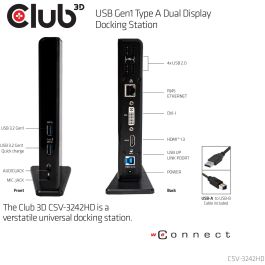 Club3D Docking Station USB 3.2 Gen 1 Dual Display HDMI DVI 4x USB 2.0 2x USB 3.2 Gen 1 Gigabit Ethernet Negro