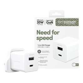 PanzerGlass empower™ Turbo 35W Cargador Rápido con USB-C y USB-A, Enchufe UK, Blanco Plata