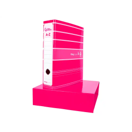 Liderpapel Archivador de Palanca A4 Filing System 80mm Rosa con Caja y Compresor Metálico Forrado