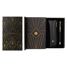 Belius Soiree Bolígrafo y Estuche Negro y Dorado Tinta Azul 0,8 mm Caja Diseño Art Deco Elegante